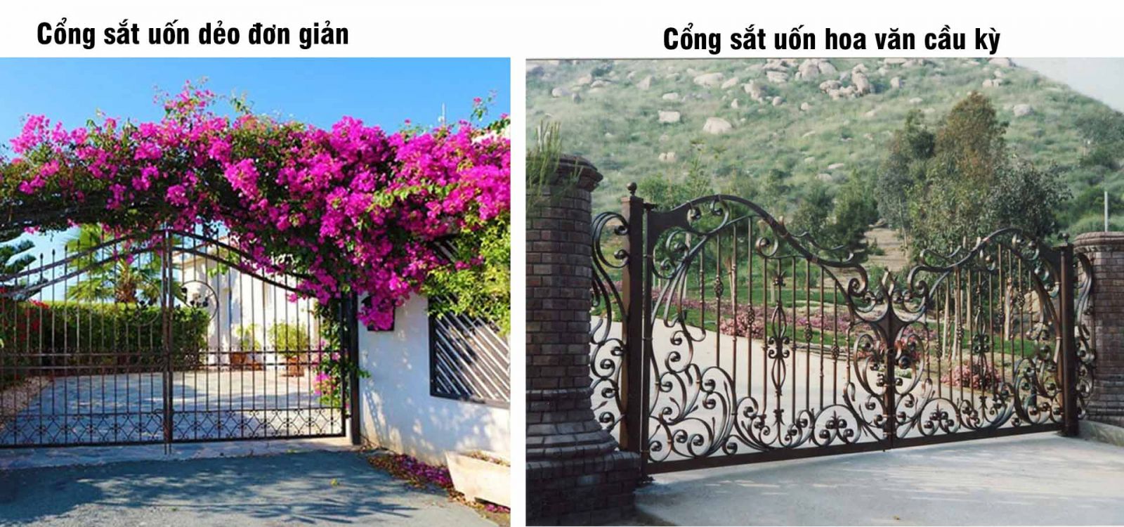 Cổng sắt uốn đơn giản và cổng sắt cầu kỳ cho nhà vườn 