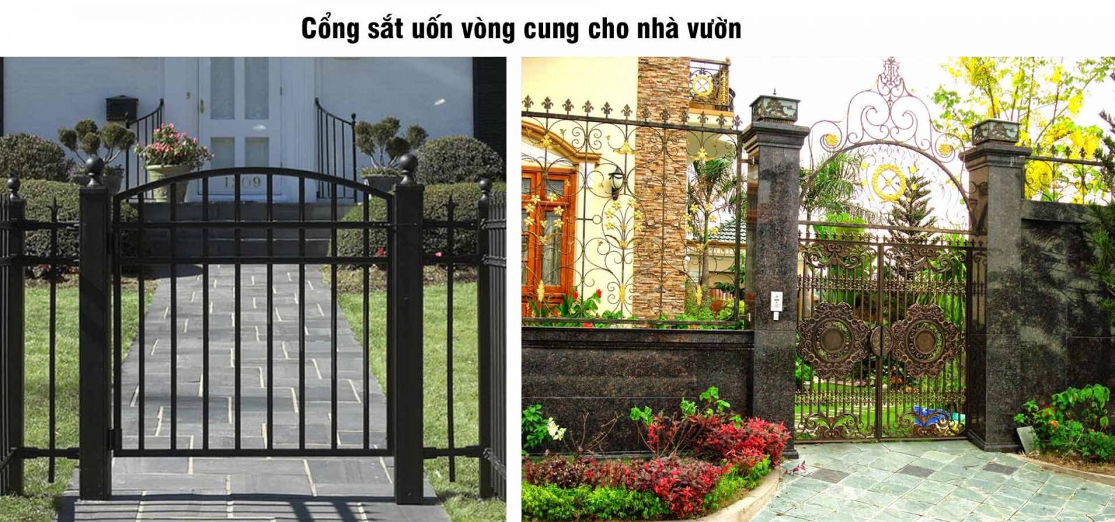 Cổng uốn vòng cung sắt đẹp cho nhà vườn 