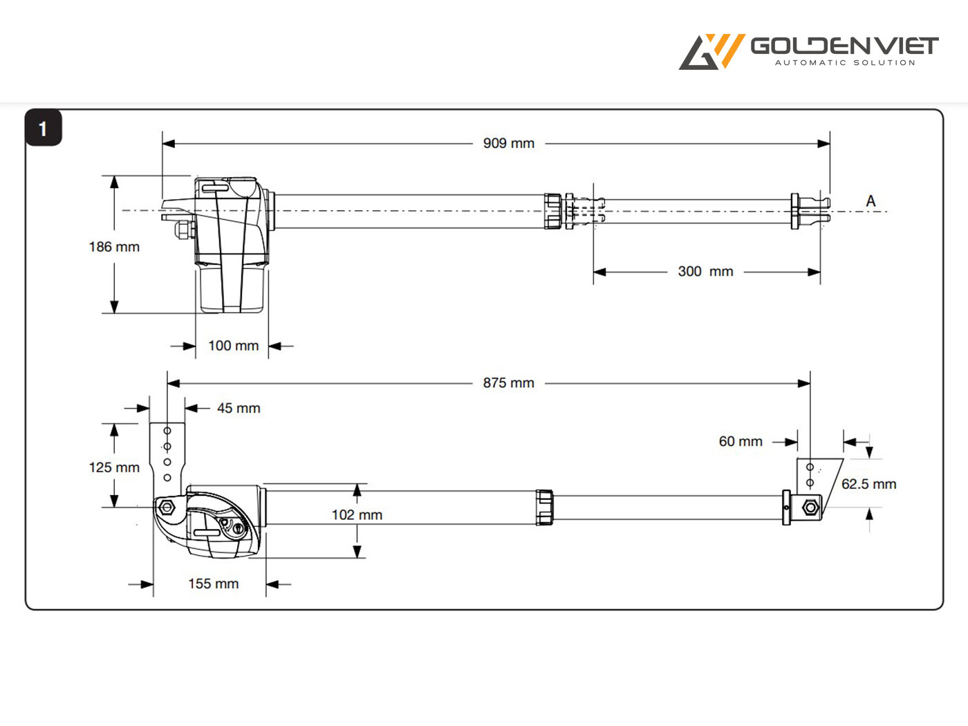 Kích thước của motor cổng tay đòn Beninca Bill 30M