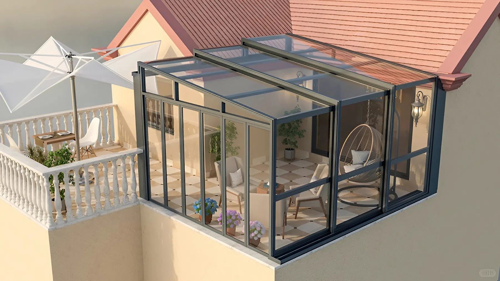 mái kính sân thượng thoáng sáng