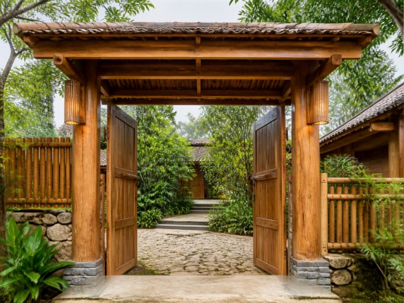 Cổng gỗ homestay mộc mạc