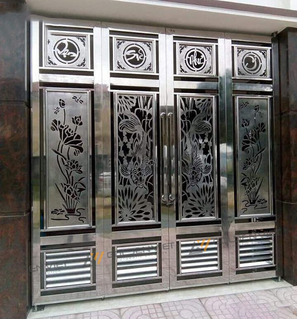 Mẫu cổng inox 4 cánh họa tiết hóa sen