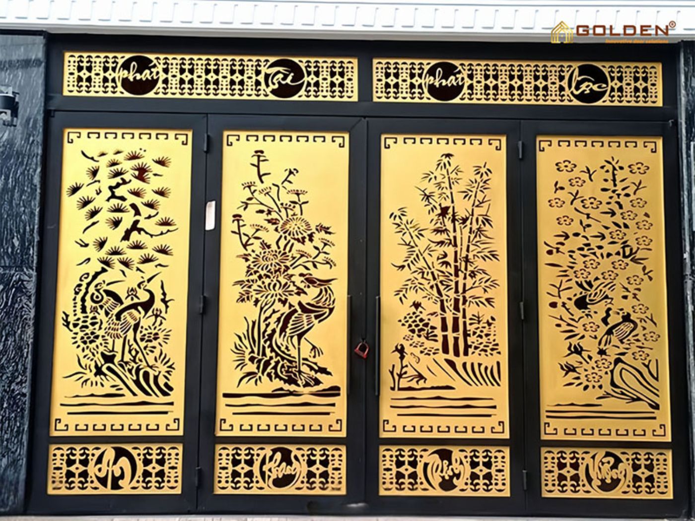 Mẫu cổng Tùng Cúc Trúc Mai đẹp làm từ sắt