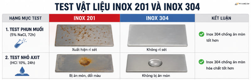 Test chất liệu cổng xếp là inox 304 hay 201