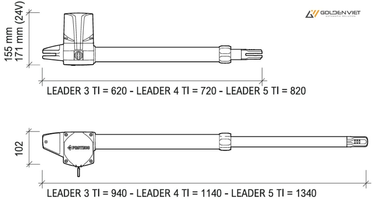 Kích thước của motor cổng tay đòn Proteco Leader TI 3