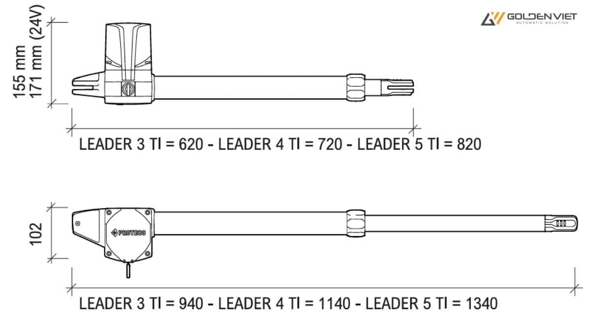 Kích thước motor cổng tay đòn Leader TI 4