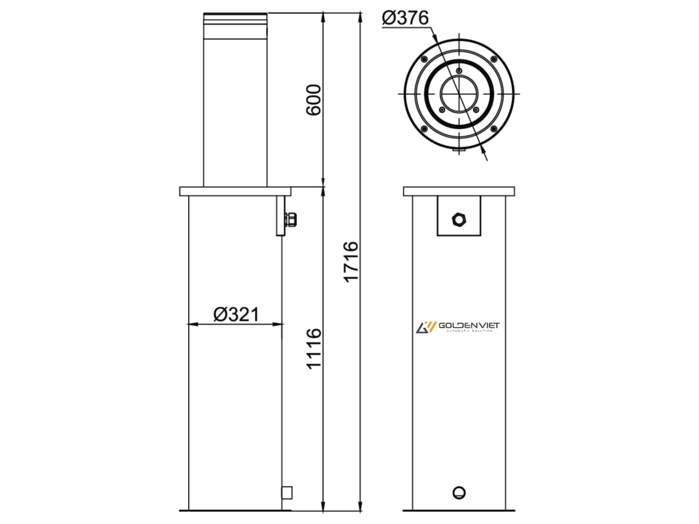 Kích thước trụ bollard tự động thủy lực Bisen SY602R